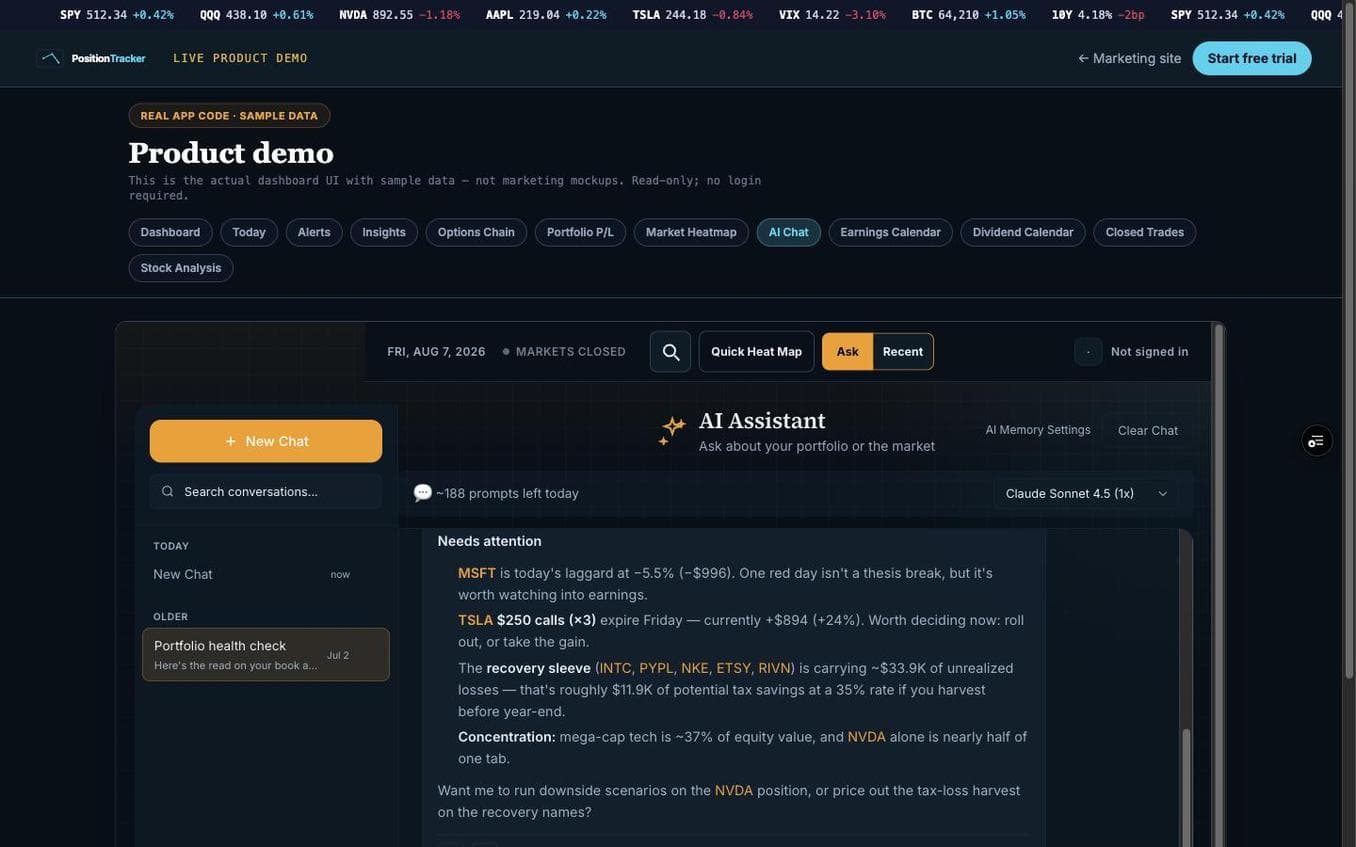 PositionTracker public demo AI assistant panel with a Needs attention portfolio briefing and a conversation history sidebar.