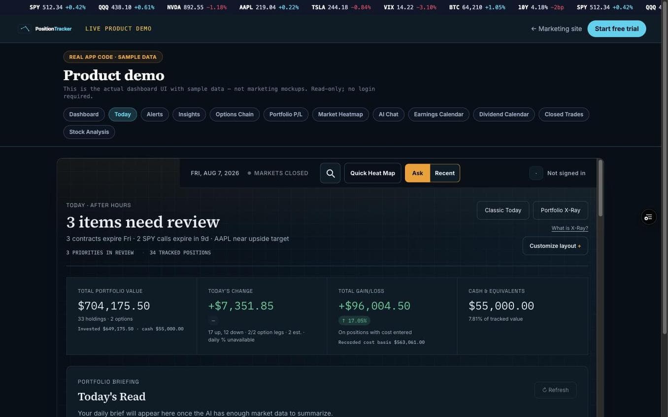 PositionTracker public demo showing the Today and After Hours command center with portfolio value, daily change, gain or loss, cash, and a portfolio briefing panel.